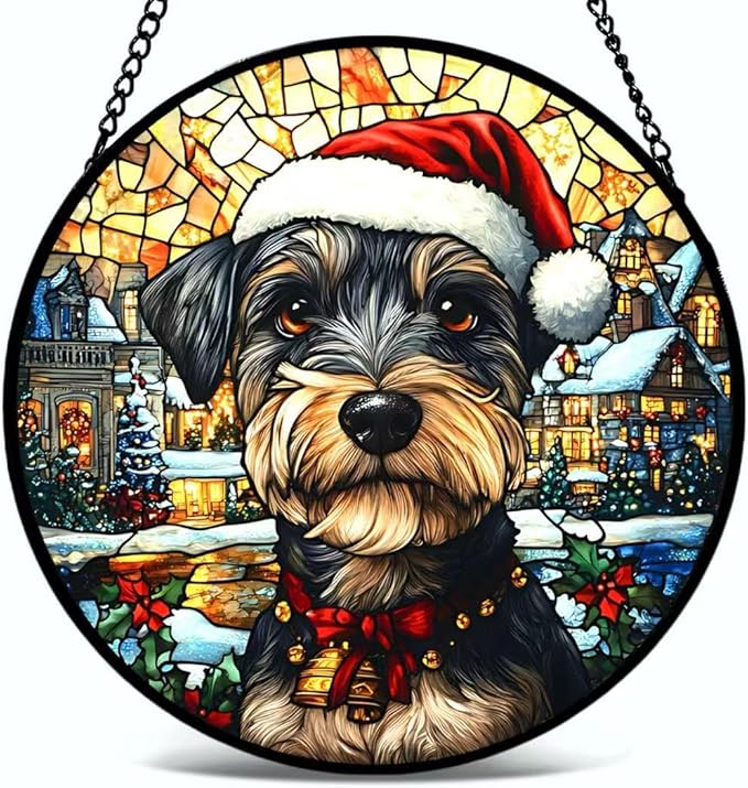Stained Glass Window Hanging - Christmas Dog on Snowy Streets Suncatcher fof Garden Home Decor for Women Mon Grandma Friends