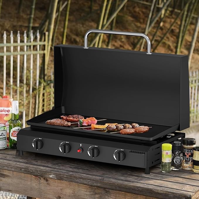SKOK 4 Burner Gas Griddle with Hood- 30 Inch Outdoor Propane Griddle-60000 BTU Propane Fuelled, Portable Flat Top Gas Grill Camping Griddle with Lid