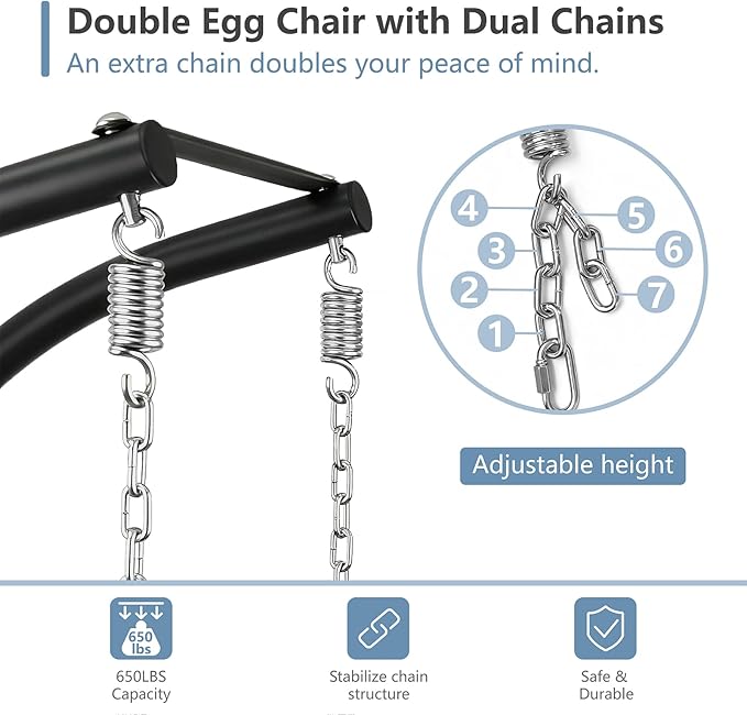 SWITTE Double Egg Swing Chair with Stand, 2 Person Outdoor Indoor Hammock Hanging Chair with Cushion for Patio Living Room 650 LBS Capacity-Dark Grey