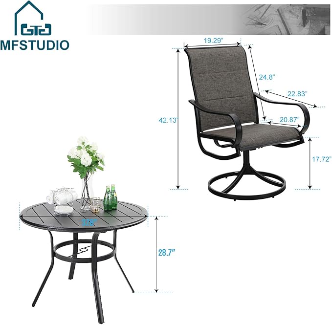 MFSTUDIO Patio Table and Chairs Set of 4, Round Outdoor Dining Set with Umbrella Hole, 5 Piece Patio Furniture Set for Deck/Backyard/Poolside/Garden