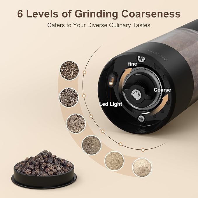 Ultrean Pepper Grinder, Rechargeable Salt and Pepper Grinder with 6 Adjustable Coarseness, LED Light, Automatic Grinder for Kitchen, Christmas Gifts for Women, Black