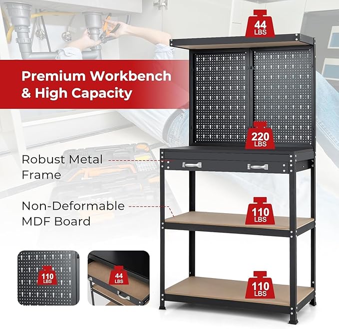 Goplus Workbench, Work Table with Drawer, Pegboard, Hanging Accessories, Topping Space, 4-Tier Heavy Duty Metal Tool Storage Bench, Work Benches for Garage, Workshop (Red, 32" x 16" with Drawer)