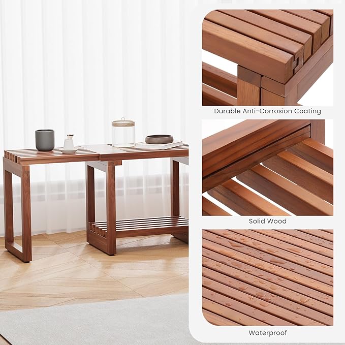 EROMMY Adjustable Length 29 Inches Shower Stool for Inside Shower, Waterproof Bench with Storage Shelf, Teak Shower Bench for Sitting, Shelving Legs, Spa Use, Shower Chair for Adults Seniors Elderly