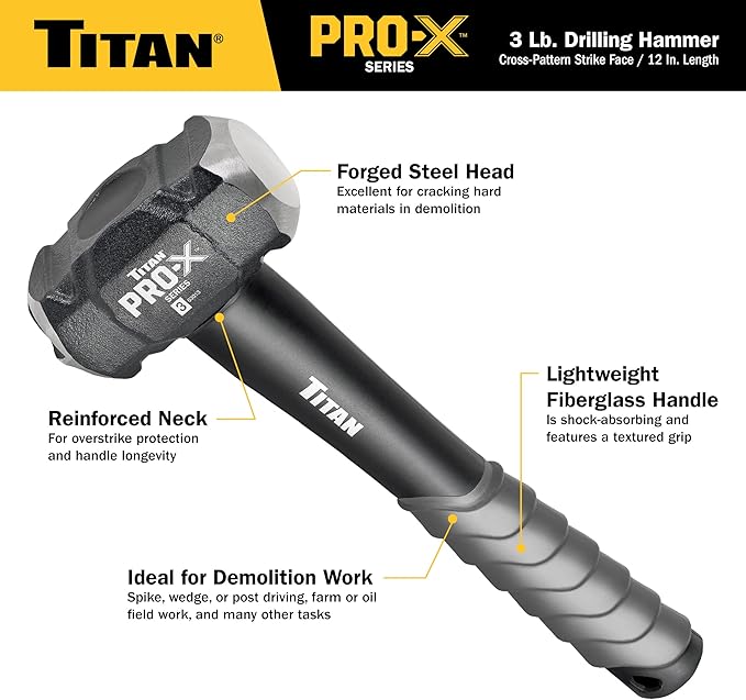 Titan Pro-X 63013 3lb Drilling Hammer, Dual-Face Sledge with Cross-Pattern Face for Concentrated Power & Flat Face for Stake Driving, Overstrike Protection, 12" Fiberglass Handle with Textured Grip