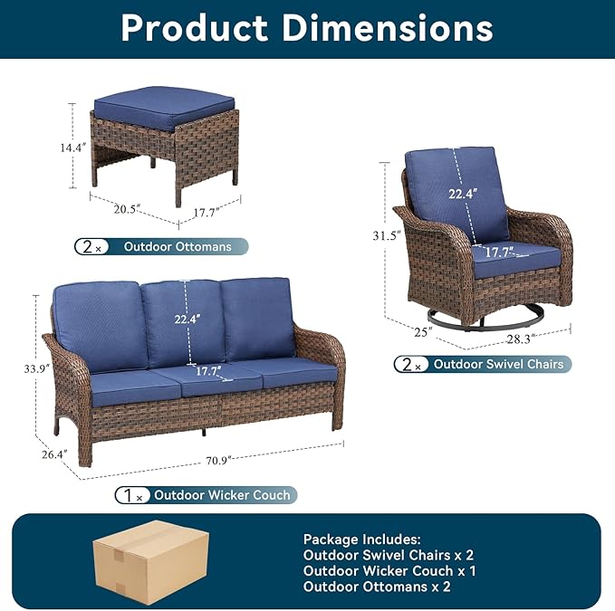 Wicker Patio Furniture Set-5 Pieces All-Weather Wicker Outdoor Furniture with High Back Outdoor Swivel Rocking Chairs Patio Conversation Sets for Garden Porch Deck Brown/Blue
