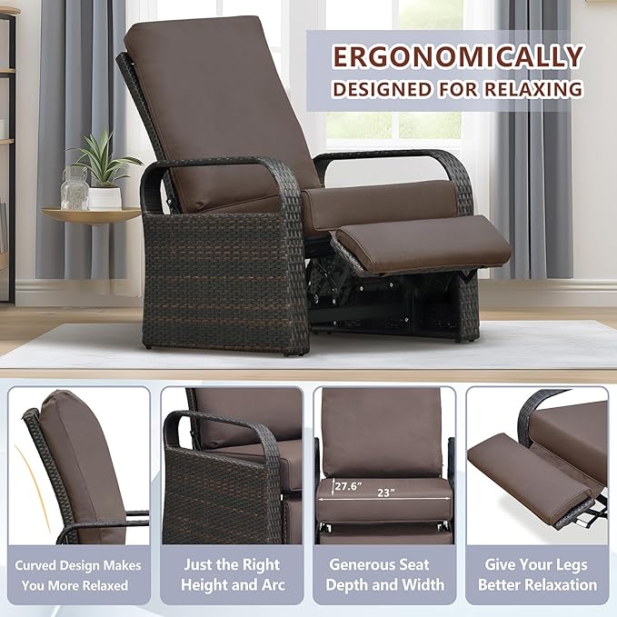 ART TO REAL Outdoor Recliner, Outdoor Wicker Recliner Chair with 5.12'' Thickness Cushions, Automatic Adjustable Rattan Patio Chaise Lounge Chairs, Aluminum Frame, Anti-UV and Rustless