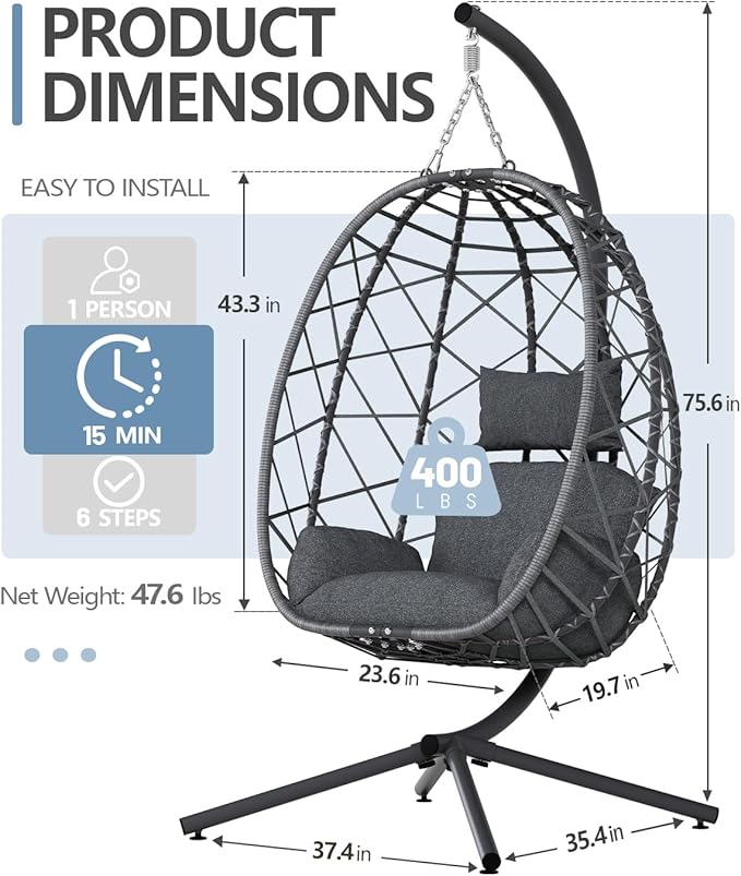 SWITTE Egg Swing Chair with Stand, Outdoor Patio Hanging Egg Chair, Indoor Hammock Chair with Cushion for Garden Backyard, 400LBS Capacity-Dark Grey