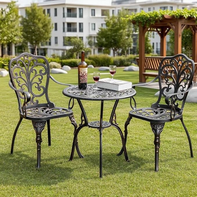 Patio Bistro Set 3 Piece Cast Aluminum Bistro Set, Outdoor Bistro Table and Chairs Set of 2 with Umbrella Hole for Porch, Lawn, Garden, Backyard, Pool (Brown)