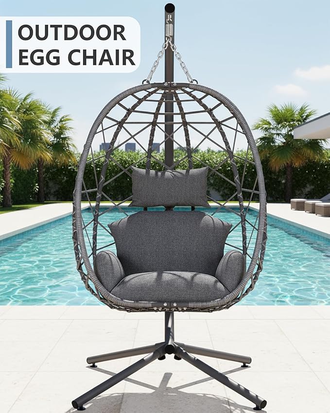 SWITTE Egg Swing Chair with Stand, Outdoor Patio Hanging Egg Chair, Indoor Hammock Chair with Cushion for Garden Backyard, 400LBS Capacity-Dark Grey