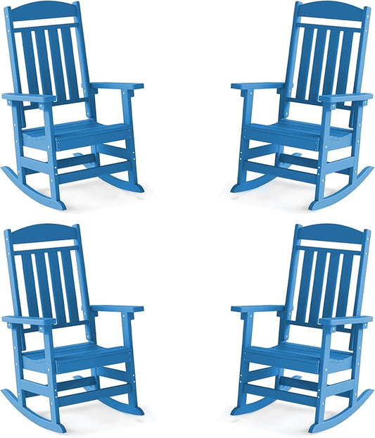 FOOWIN Outdoor Rocking Chair Set of 4, High Back Patio Rocking Chair, HDPE All Weather Resistant Porch Rocker for Adult, Oversized Rocking Chairs for Garden, Lawn, Indoor & Outdoor Use, Pacific Blue