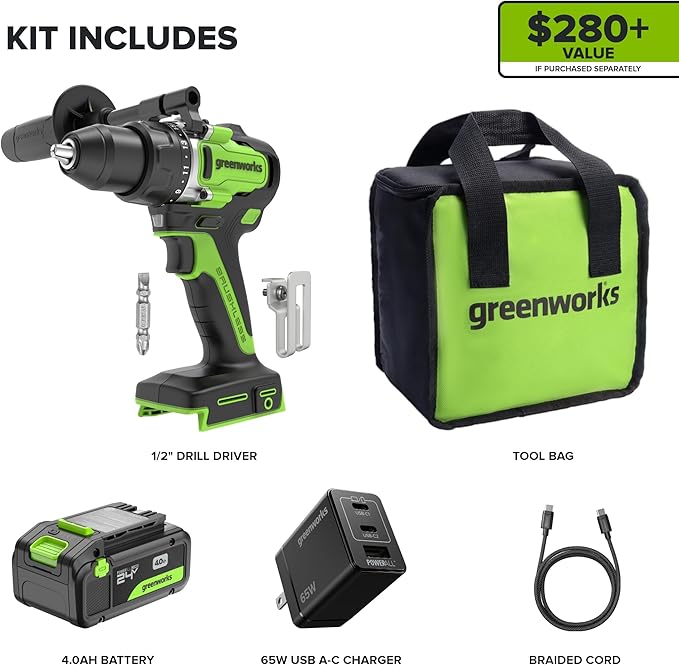 GREENWORKS 24V 1/2” Brushless Cordless Drill (800 In-lbs.), 4.0Ah (24,000mAh Power Bank) USB-C Battery, 3.3 FT Braided Cable, 65W Rapid Charger