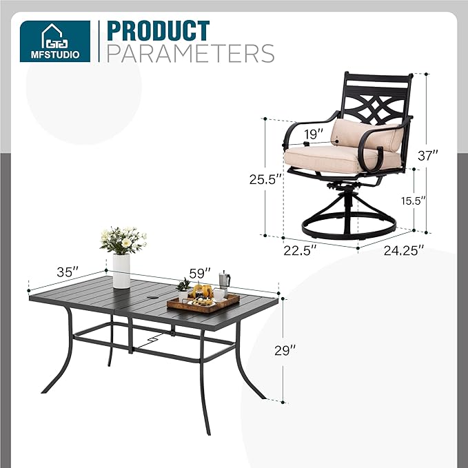 MFSTUDIO Outdoor Dining Set for 6, Patio Table and Chairs Set with Umbrella Hole, Patio Dining Set with Swivel Chairs, 7 Piece Patio Furniture Set for Deck Backyard Garden
