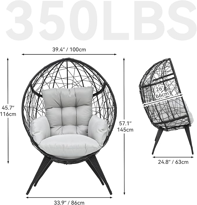 YITAHOME Large Wicker Egg Chair with Stand for Indoor and Outdoor, Cushion, and Adjustable Leveling Feet, Large Lounger for Garden, Patio, Balcony, Backyard,Supports up to 330lbs, Gray