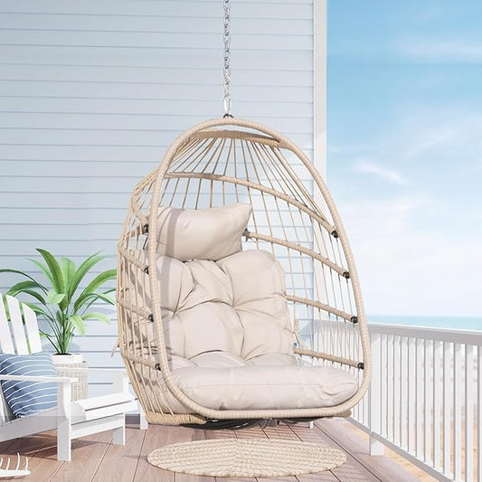 Nicesoul Outdoor Hanging Egg Chair Without Stand, Patio Wicker Swing Egg Basket Chairs with Padded Cushion, 350 Lbs Comfy Cozy Ceiling Tree Swinging Egg-Shaped Chair No Stand for Indoor Balcony, Beige