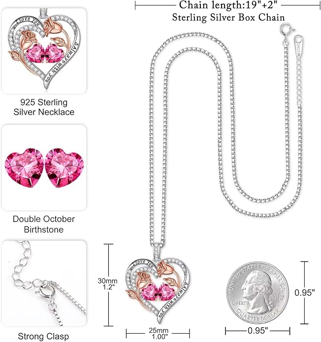 Iefil Christmas Gifts for Women Wife - 925 Sterling Silver Rose Heart Birthstone Necklace Birthday Anniversary Jewelry Gifts for Her Wife Mom Daughter