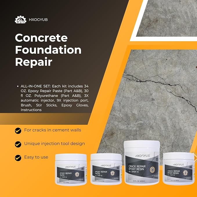 Concrete Foundation Crack Repair Kit, with Automatic Injector, High Performance, for Wall Cracks, Stops Water Leaks & Radon Gas, Drill-Free, Quick-Setting Waterproof Sealing Solution
