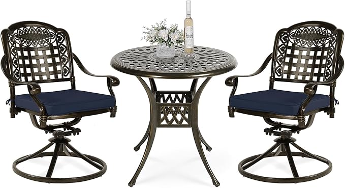 VIVIJASON 3-Piece Patio Bistro Set, Outdoor All-Weather Cast Aluminum Furniture Dining Set, Include 2 Swivel Chairs and 31" Round Table w/Umbrella Hole for Balcony, Lawn, Garden (Navy Blue Cushion)