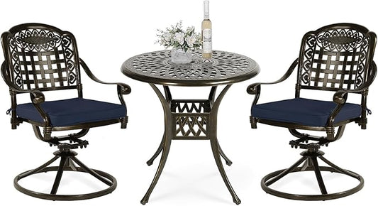 VIVIJASON 3-Piece Patio Bistro Set, Outdoor All-Weather Cast Aluminum Furniture Dining Set, Include 2 Swivel Chairs and 31" Round Table w/Umbrella Hole for Balcony, Lawn, Garden (Navy Blue Cushion)