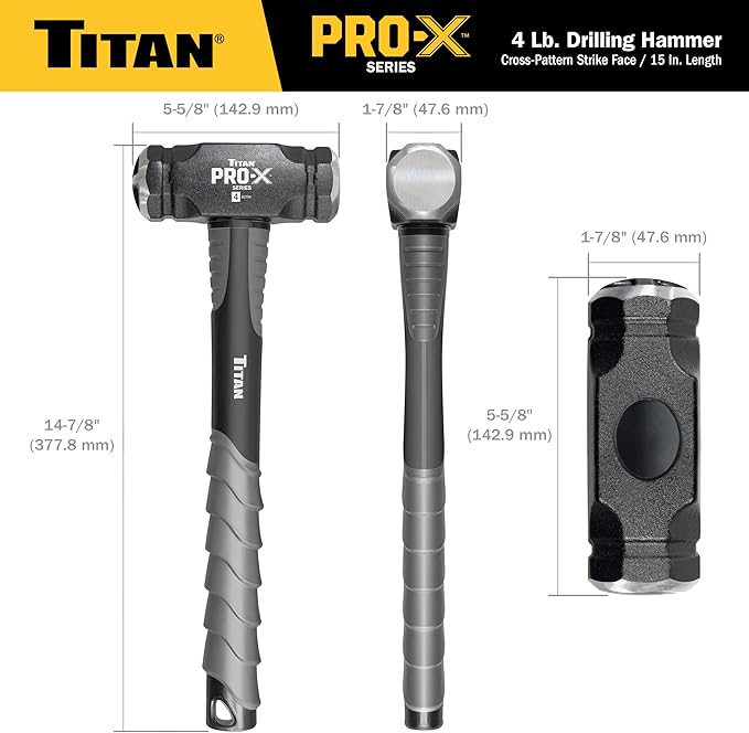 Titan Pro-X 63704 4lb Drilling Hammer, Dual-Face Sledge with Cross-Pattern Face for Concentrated Power & Flat Face for Stake Driving, Overstrike Protection, 15" Fiberglass Handle with Textured Grip
