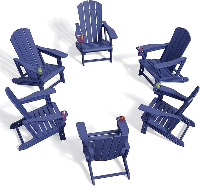 Adirondack Chair Set of 6, All Weather Plastic Adirondack Chairs, Fire Pit Chairs with Cup Holder, Outdoor Lawn Chair for Patio, Garden, Backyard, Navy Blue