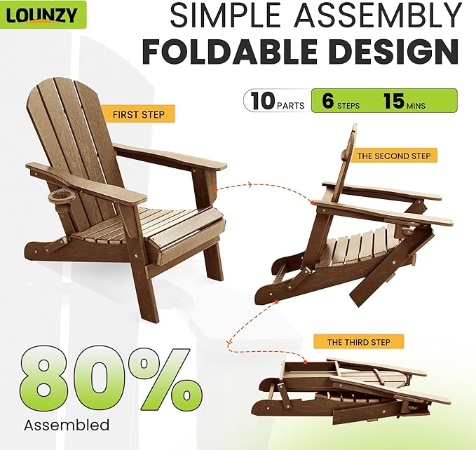 LOUNZY Folding Adirondack Chairs Set of 2, HDPE All-Weather Folding Adirondack Chair with Cup Holders, Outdoor Patio Adirondack Chair for Deck Lawn Fire Pit, Brown