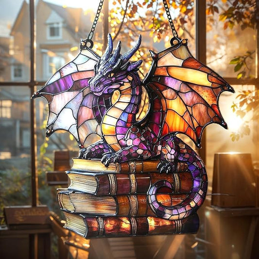Book Dragon Christmas Ornament Fantasy Bookish Acrylic Suncatcher Stained Glass Effect Window Hanging for Book Lover Reading Nook Decor Gift for Librarian Readers