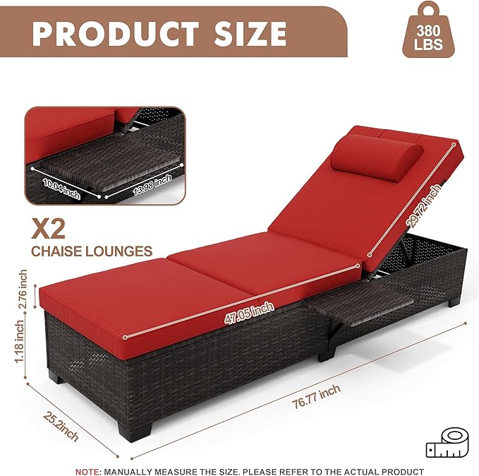 Outdoor PE Wicker Chaise Lounge Chairs, Set of 2, Brown Rattan, Modern Style, Adjustable Backrest, Recliners with Red Cushion