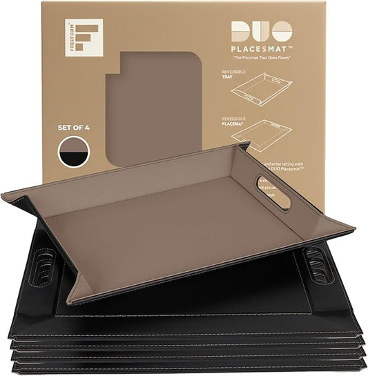 PLACEsMAT 2-in-1 Faux Leather Placemat & Serving Tray | Reversible Design, Lays Flat & Easy to Clean | Ottoman Food Tray, Housewarming Gift, 18” x 14” (Black & Mocha, Set of 4)