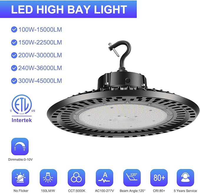 UFO LED High Bay Light 240W 6 Pack High Bay LED Shop Lights 36,000LM 5000K 0-10V Dimmable 5' Cable with US Plug ETL Listed High Bay Lights for Shop Warehouse Factory Barn Black