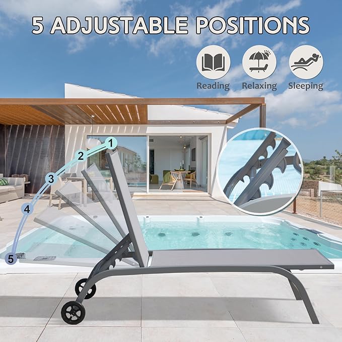 Domi Pool Lounge Chairs Set of 3, Adjustable Aluminum Outdoor Chaise Lounge with Wheels Patio Lounge Chairs with Side Table, All Weather for Deck Lawn Poolside Backyard-Gray Textilene