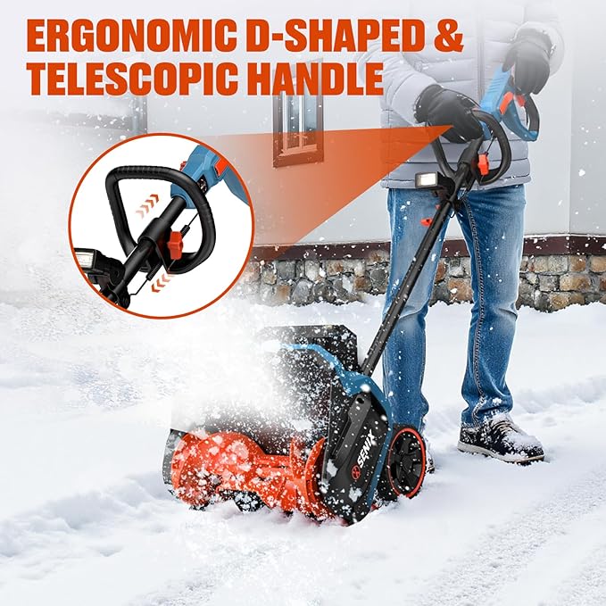SENIX 60V 15" Cordless Snow Blower, Snow Shovel with Wheel for Decks, Steps, Driveways & Walkways | Steel Auger, 6000mAh Battery, 6" Depth, 33FT Throw, 600lbs/m, LED Lights, 2 Speed, 75° Direction