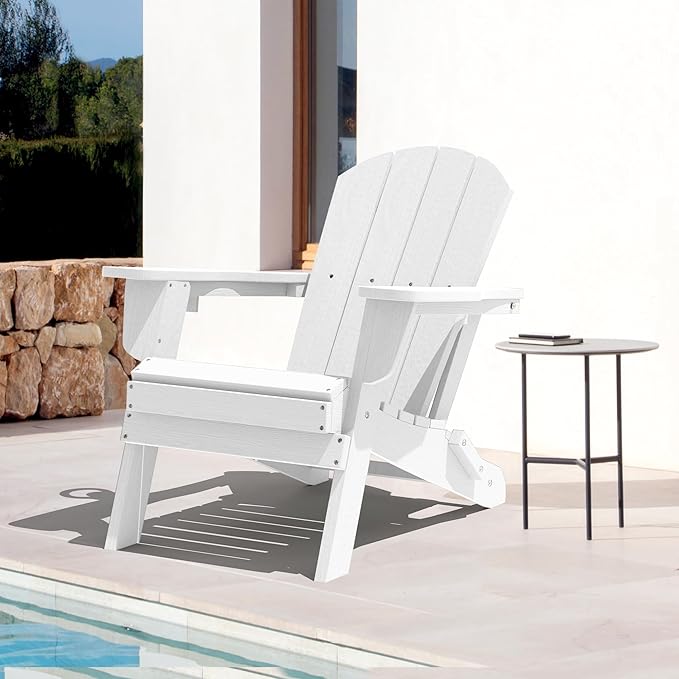LOUNZY Folding Adirondack Chairs Set of 2, HDPE All-Weather Folding Adirondack Chair with Cup Holders, Outdoor Patio Adirondack Chair for Deck Lawn Fire Pit, White