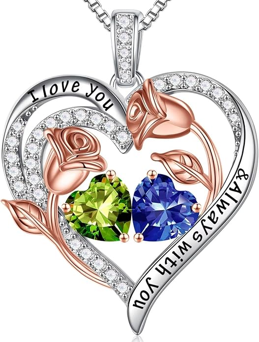 Iefil Christmas Gifts for Women Wife - 925 Sterling Silver Rose Heart Birthstone Necklace Birthday Anniversary Jewelry Gifts for Her Wife Mom Daughter