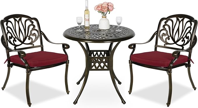 MEETWARM 3 Piece Patio Bistro Set, Outdoor All-Weather Cast Aluminum Dining Furniture Set Includes 2 Cushioned Chairs and a 31” Round Table with Umbrella Hole for Garden Deck, Chili Red