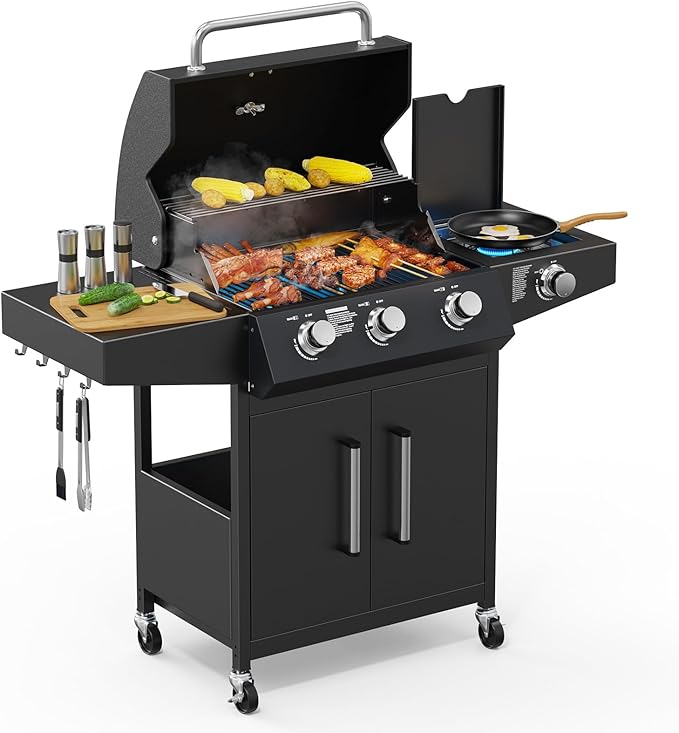 ROVSUN 3 Burner Propane Gas Grill with Side Burner, 46,000BTU BBQ Grills with Enameled Cast Iron Grates, Shelf & Cabinet for Outdoor Garden Patio Backyard Barbecue Cooking
