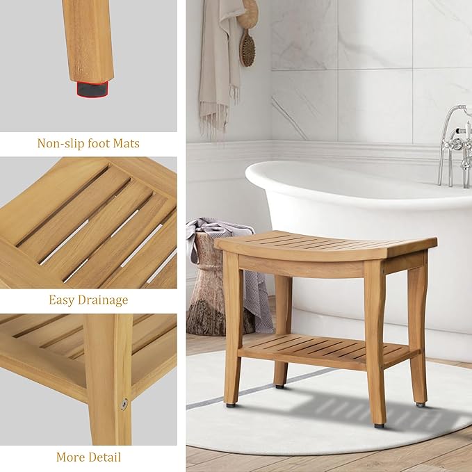 OTSUN Waterproof Teak Shower Bench with Shelf & Non-Slip Feet, Heavy Duty Shower Chair for Inside Shower, Shower Stools for Seniors