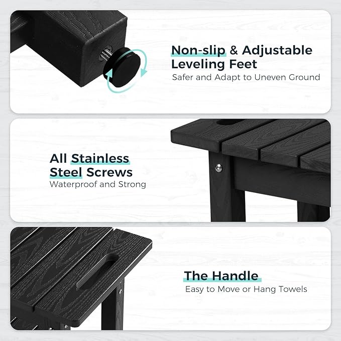 Waterproof Shower Bench, 24" Poly Lumber Shower Stool for Shaving Legs, Shower Chair Seat with Storage Shelf and Handles, Bathroom Bench for Inside Shower, Non-Slip (Black)