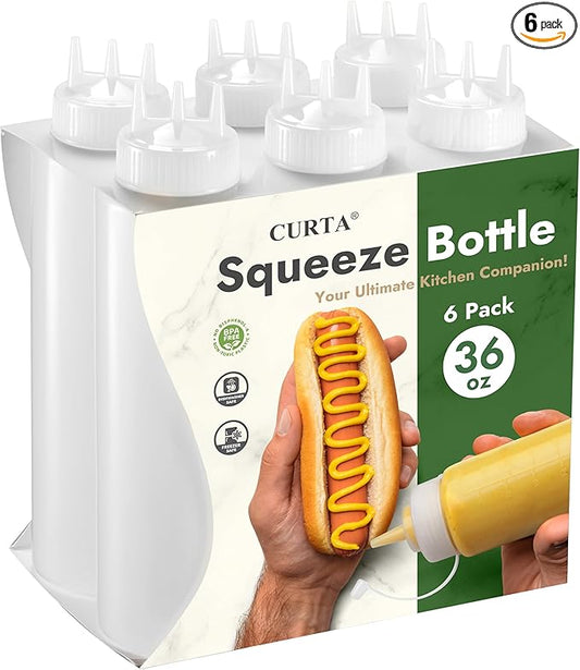 CURTA 6-Pack 36 oz Clear Squeeze Bottle with 3 Open Tips, BPA-Free Easy-to-Squeeze Plastic Condiment Dispenser with oz & ml Markings for Sauce, Oil, Dressing, Dishwasher Safe, White