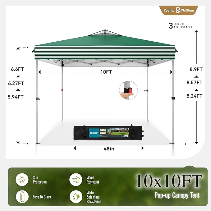 Sophia & William Canopy Tent Pop Up 10x10 ft, Outdoor Patio Portable Commercial Canopies Shelter Heavy Duty Straight Legs with Roller Bag, 8 Stakes, 4 Guy Ropes, UPF50+, Green & White Stripes