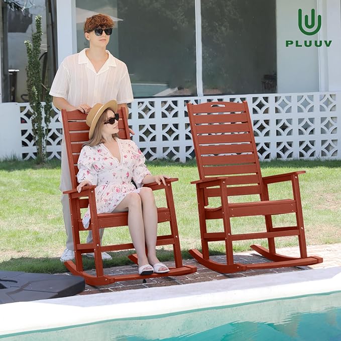 Outdoor Rocking Chair Set of 6 with Removable Footboard for Adults, HDPE High Back Patio Rocking Chairs, 330lbs All Weather Porch Rocking Chairs for Outdoor & Indoor -Reddish Brown
