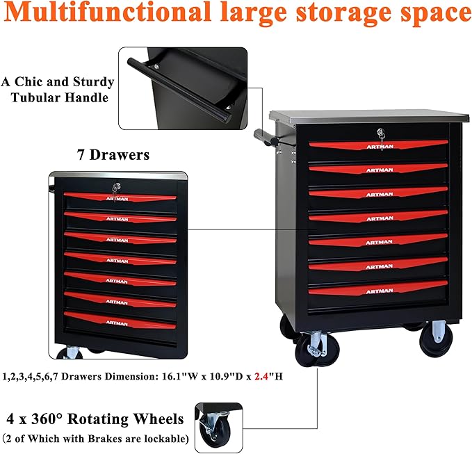 7 Drawers Tool Cart on Wheels,Multifunctional Rolling Tool Storage Chest,Drawer Rolling Trolley Organizer Tool Box for Garage,Workshop,DIY Multiple Interconnectable(7 Drawers-30.5" H)