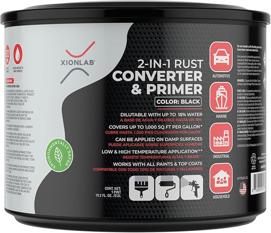 Xion Lab Rust Converter 2 in 1 Primer – Water Based Industrial Rust Reformer & Inhibitor – High Coverage, UV Resistant, No Topcoat Required – Works on Cars, Trailers, Marine & Metal Surfaces (Black)