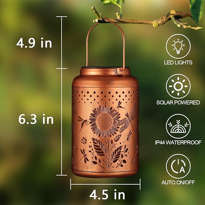 2 Pack Solar Lanterns Outdoor Waterproof, Dragonflies Garden Decor Gifts for Women Mom Grandma Hanging Solar Lights Metal Decoration Outside for Yard, Pati(Sunflowers)