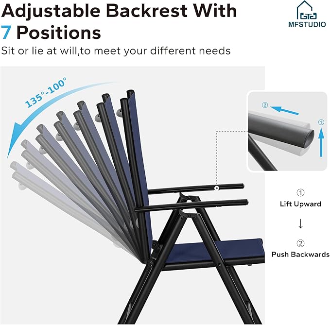 MFSTUDIO Patio Folding Chairs Set of 2, Outdoor Patio Dining Chairs, Portable Blue Sling Patio Chairs, 7 Levels Adjustable Sling Back Chairs for Backyard Lawn Garden