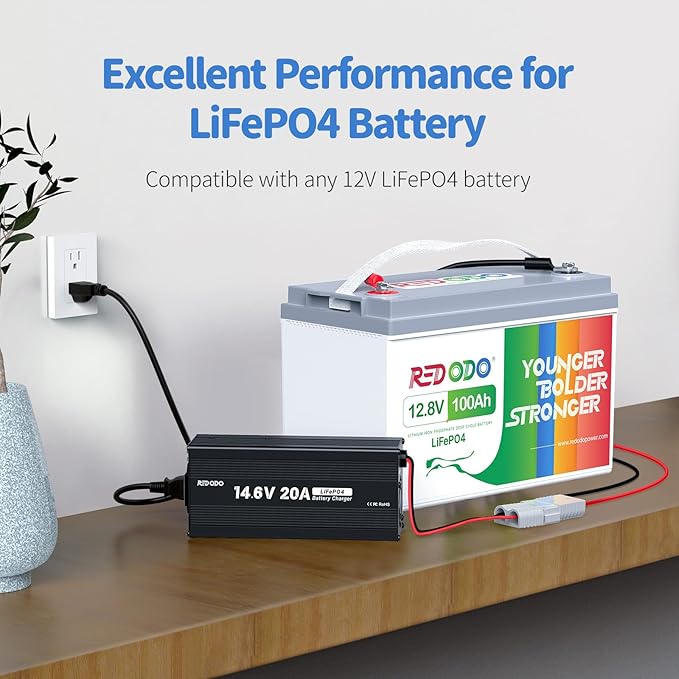 Redodo 12V 20A LiFePO4 Battery Charger AC-DC 14.6V Lithium Battery Smart Charger with Led Indicator for 12V Series Deep Cycle Rechargeable LiFePO4 Battery