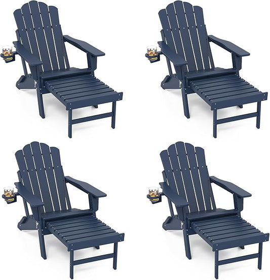 FOOWIN Adjustable Adirondack Chair with Retractable Ottoman Set of 4, Folding Adirondack Chair with Cup Holder, HDPE All-Weather Fire Pit Chair for Patio, Yard, Poolside, Navy Blue