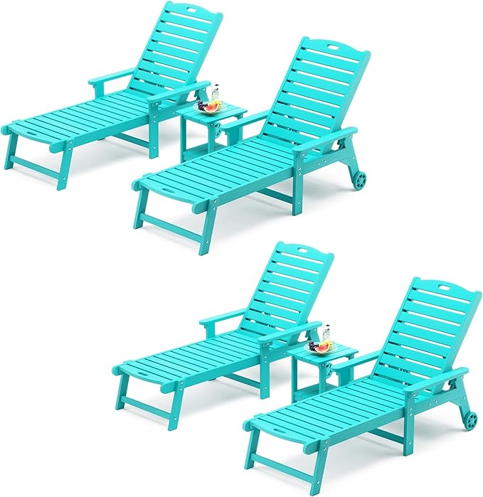 LUE BONA Chaise Lounge Chairs Set with Table, 6-Piece, 79'' Oversized HDPS Chaise Lounger, 5 Positions Adjustable Lounge Chairs, Pool Lounge Chair with Wheels for Poolside, 3 Year Warranty, Aruba Blue