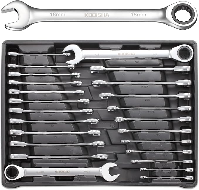 kboisha 24-Piece Ratchet Wrench Set, 72-Tooth Ratcheting Combination Wrench Set with Metric & SAE 8-19mm and 1/4" to 3/8" CR-V Standard Wrench Set with Organizer Box