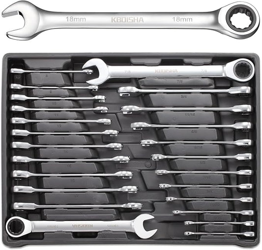 kboisha 24-Piece Ratchet Wrench Set, 72-Tooth Ratcheting Combination Wrench Set with Metric & SAE 8-19mm and 1/4" to 3/8" CR-V Standard Wrench Set with Organizer Box