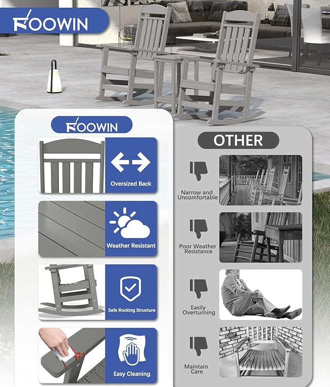 FOOWIN Outdoor Rocking Chair Set of 6, High Back Patio Rocking Chair, HDPE All Weather Resistant Porch Rocker for Adult, Oversized Rocking Chairs for Garden, Lawn, Indoor & Outdoor Use, Grey